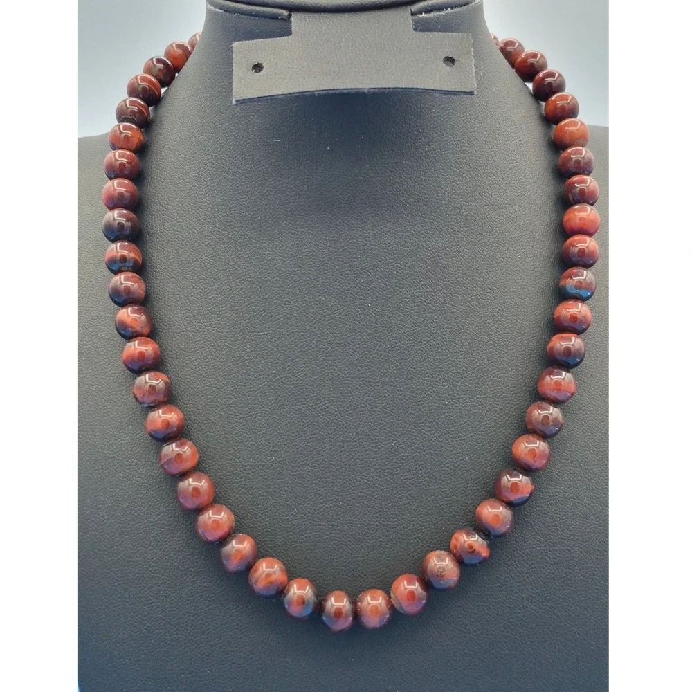 Vintage Red Tiger Eye Bead Necklace Red Natural Stone Strand Lobster Clasp